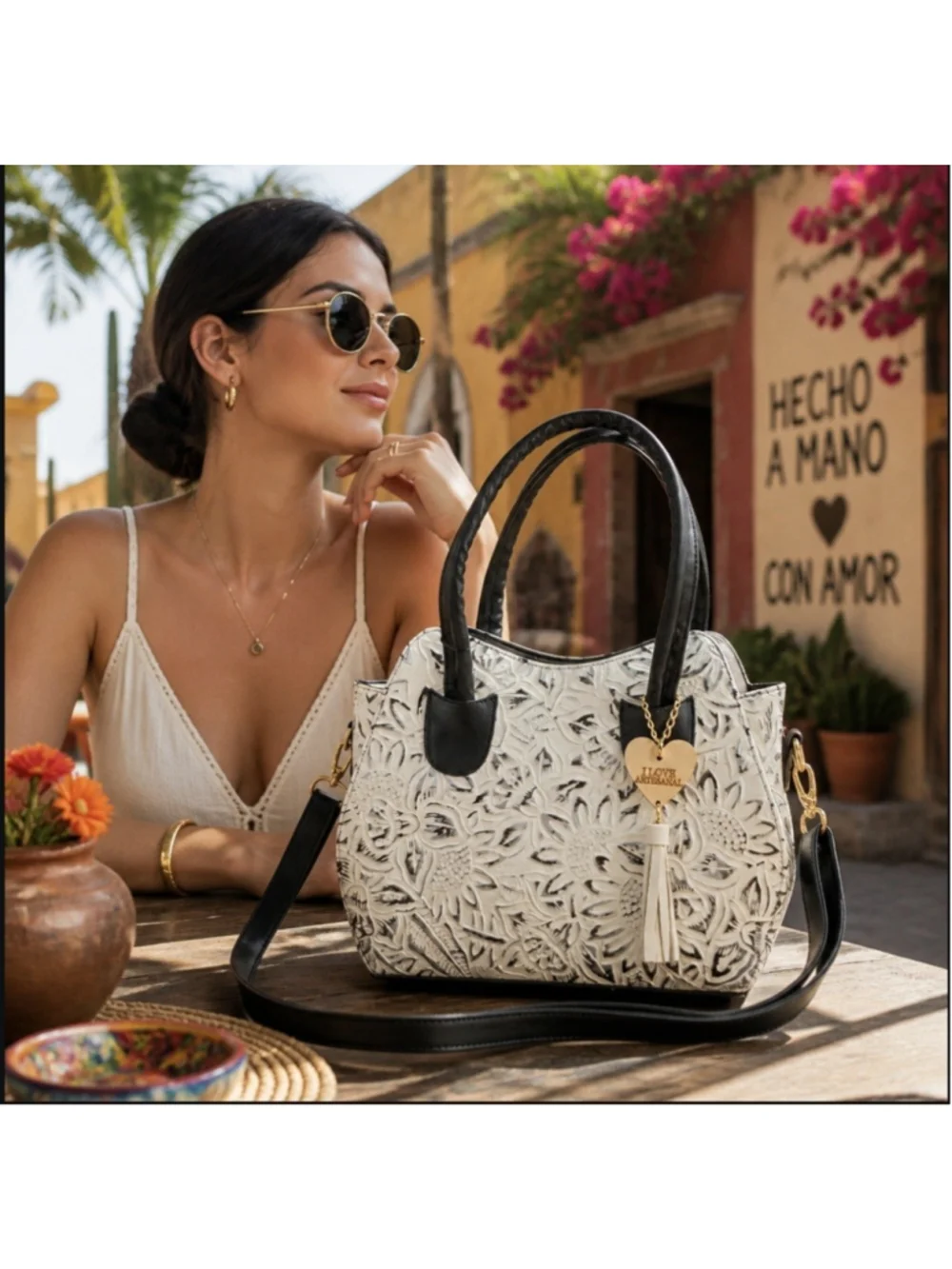 Black White Silver Embossed Tooled Artisan LEATHER Shoulder Bag Purse Crossbody